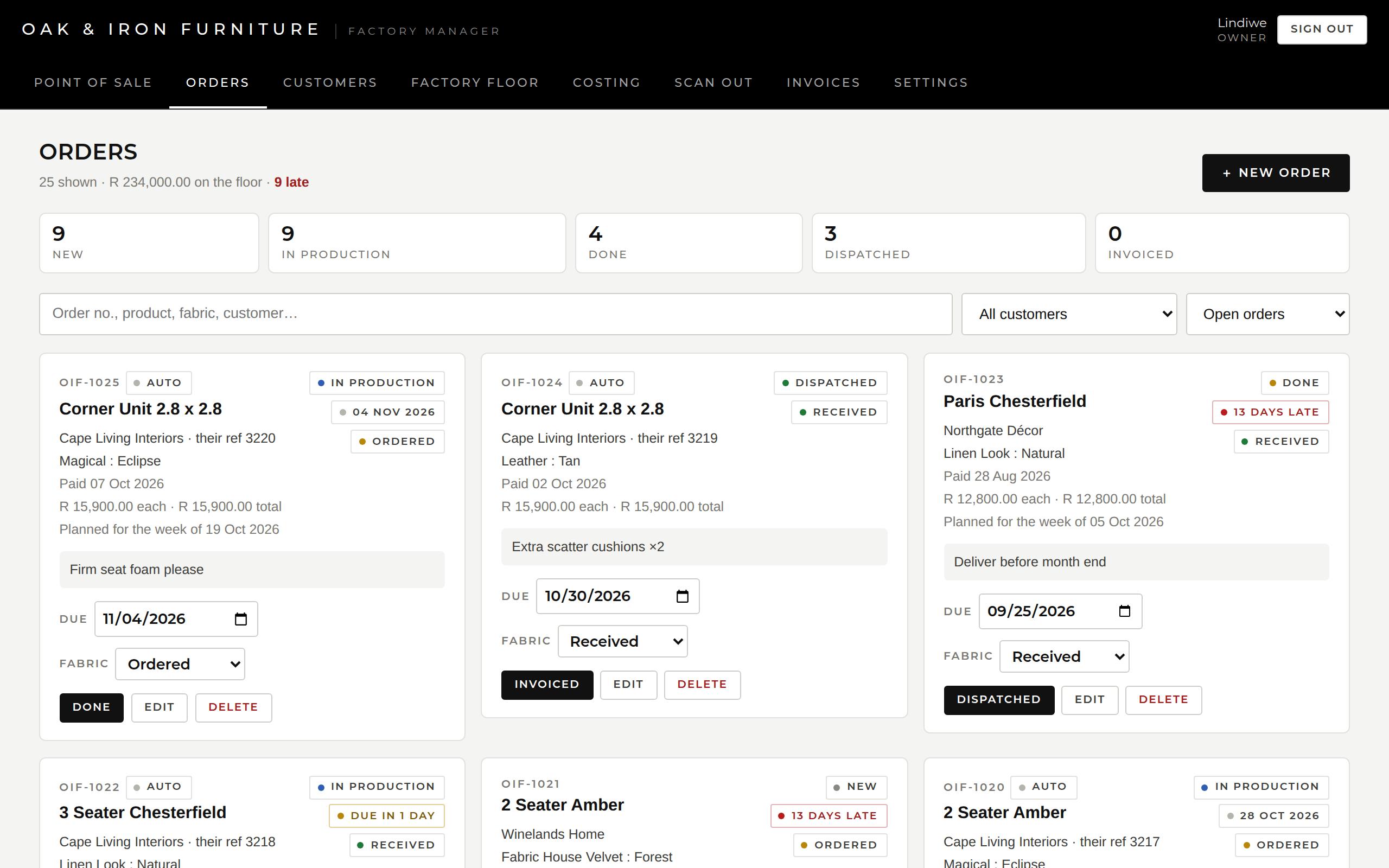 Orders: every order with its status, fabric, due date and customer
